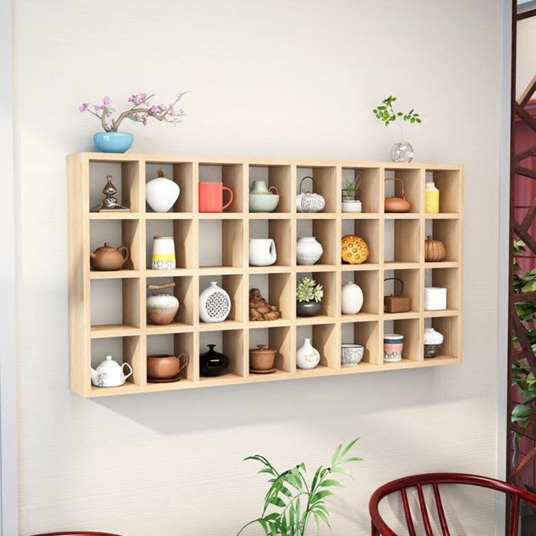 墙上实木格子茶饼工作室壁挂收纳展示柜茶杯茶壶格架