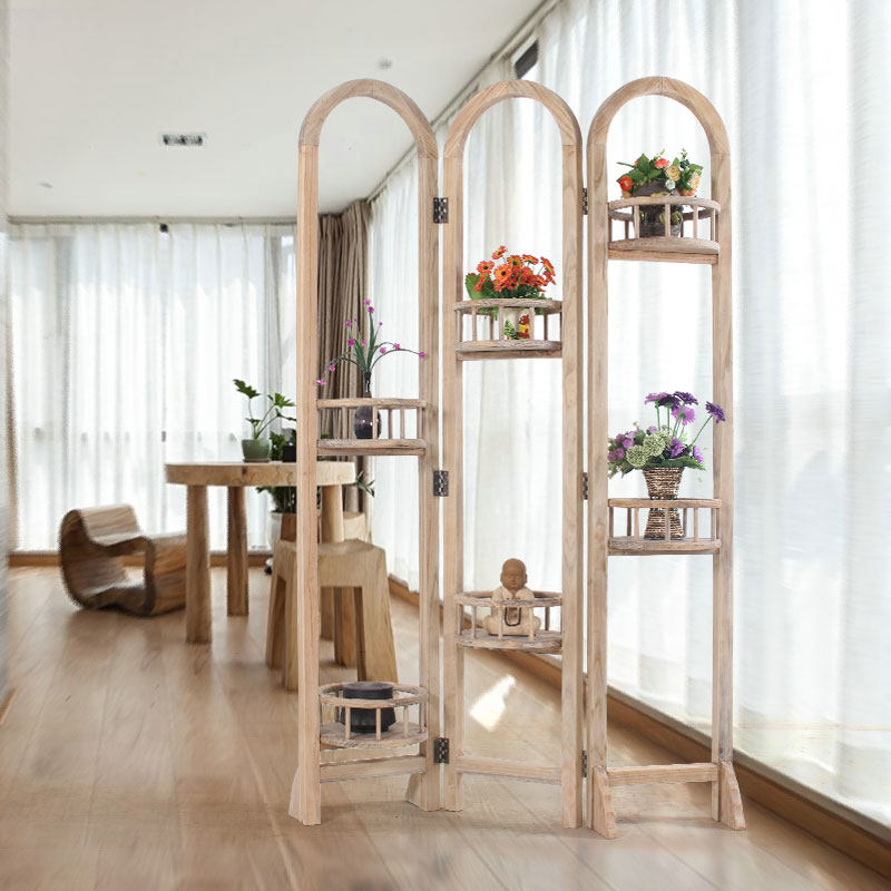 高档创意实木客厅屏风隔断折屏玄关多层落地花架