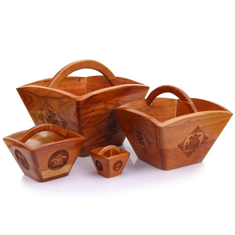 办公桌红色木斗聚宝盆米斗婚庆四方饰品招财桃木摆件