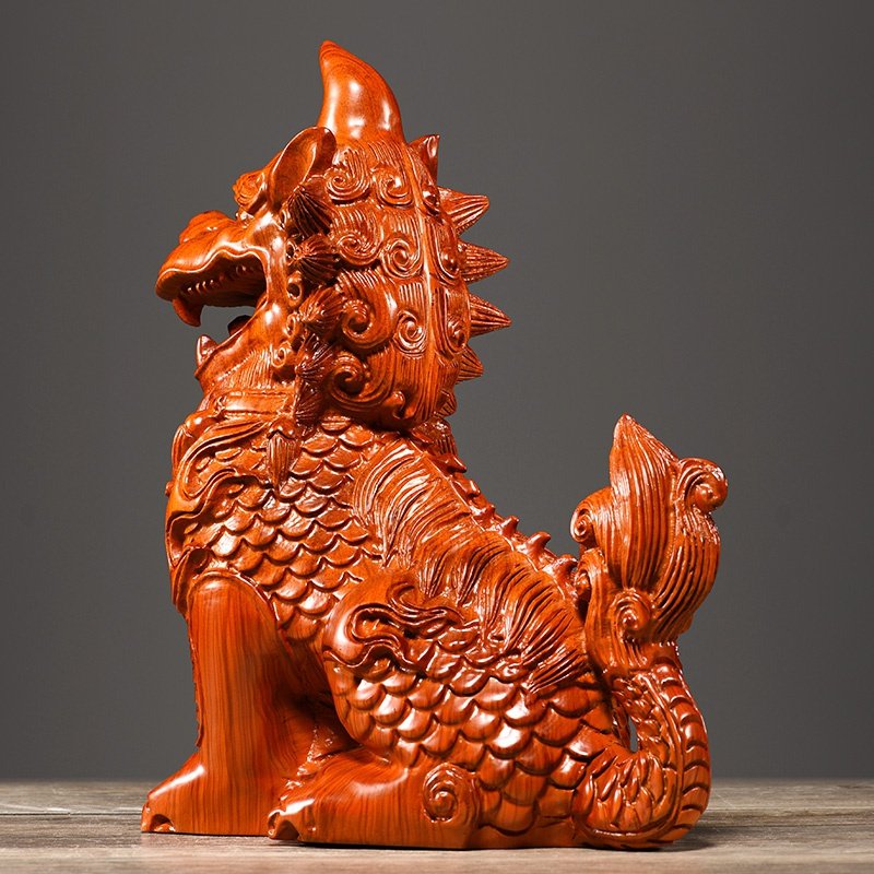 黄花梨木雕麒麟摆件一对开光风水龙生九子獬豸神兽木雕