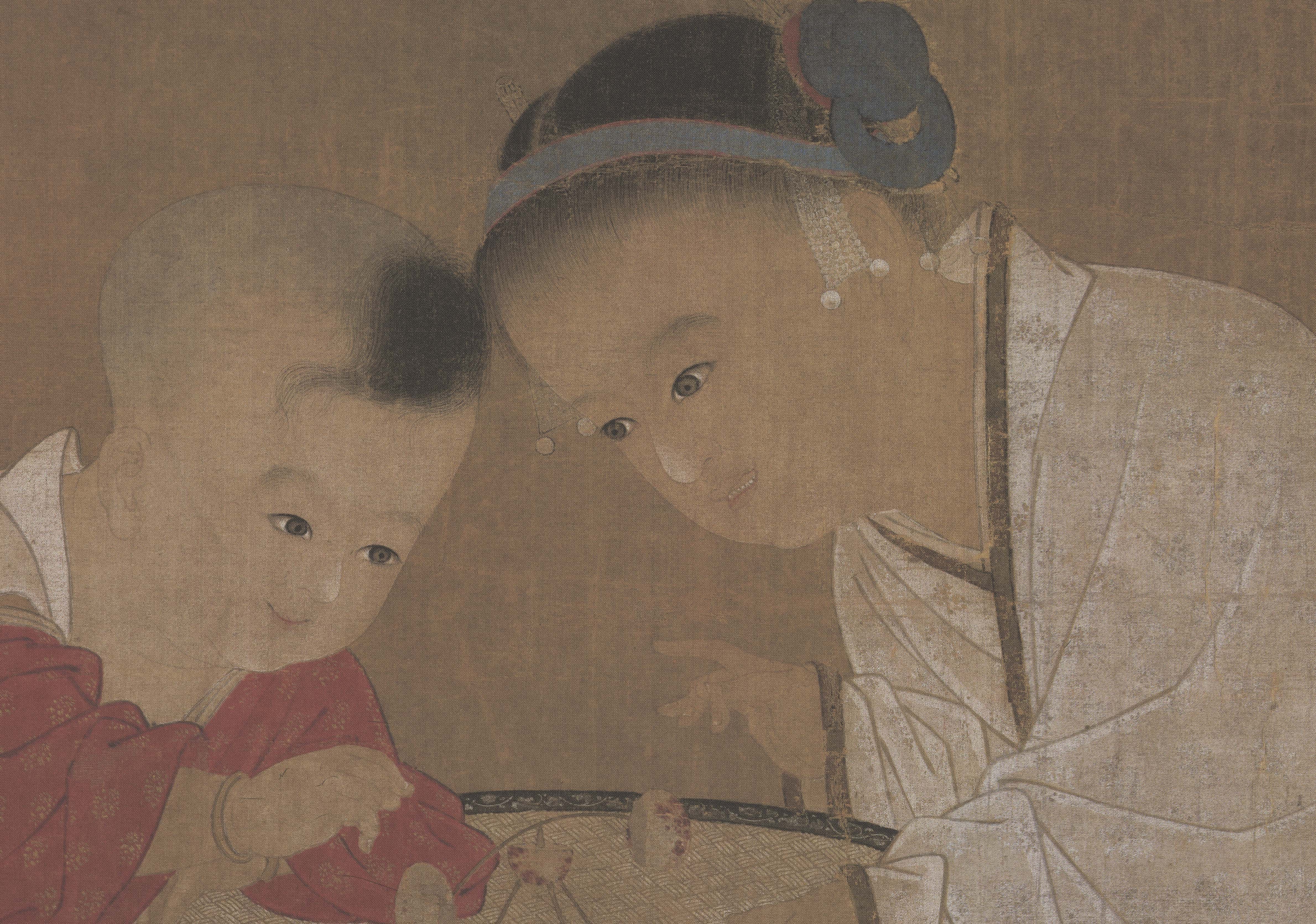 宋苏汉臣秋庭戏婴图高清微国画绢布画心厅玄关国画