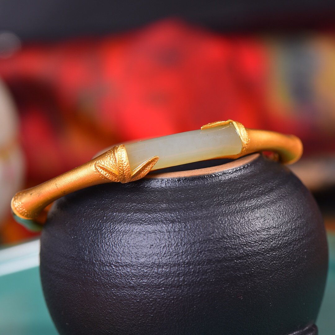 正品菩瑾新款原创设计古法银镶和田玉竹竹叶青手镯