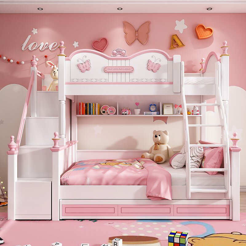 儿童童床上下床女孩粉色双层高低实木公主床子高低