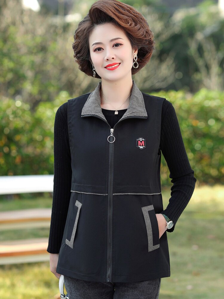 中年女装春秋翻领马甲薄款中老年妈妈春装背心中老年女装