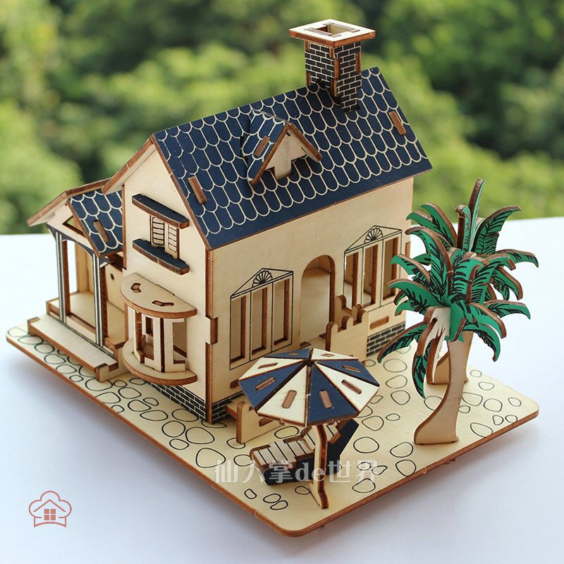 3d木质拼插模型立体拼图积木成人小房子木制拼图
