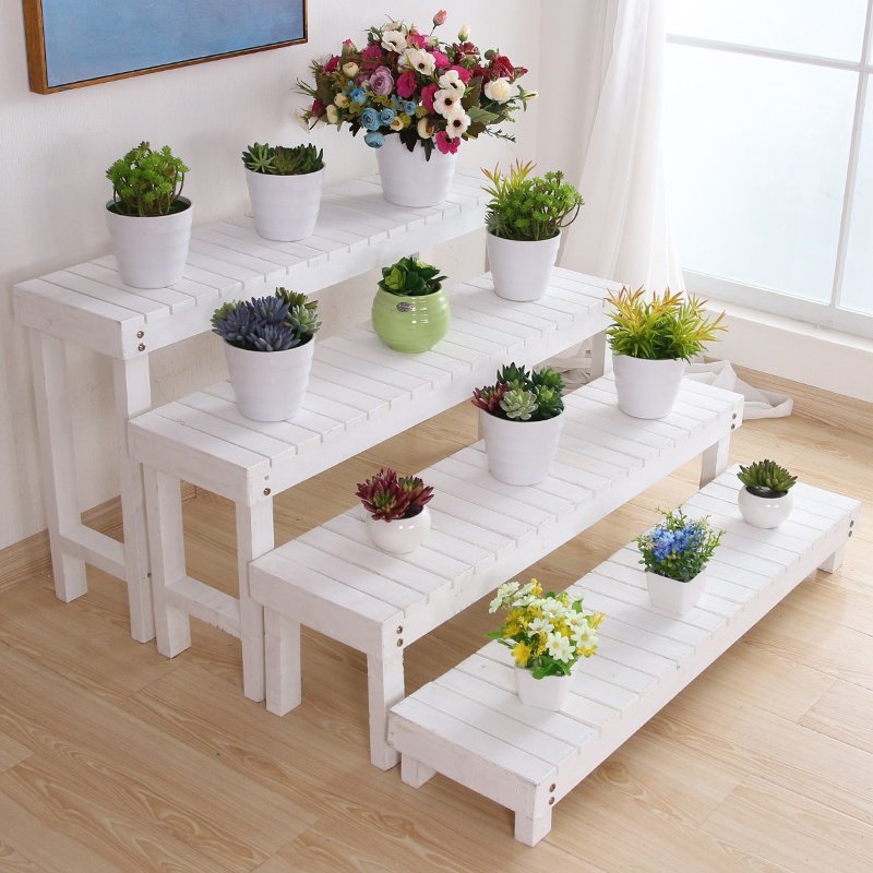 阶梯白色花架实木梯形单个多层落地式脚踏阳台花架