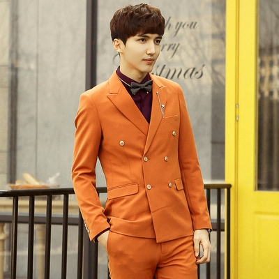 双排结婚西装韩版修身型橙色橘色西服套装新郎西服
