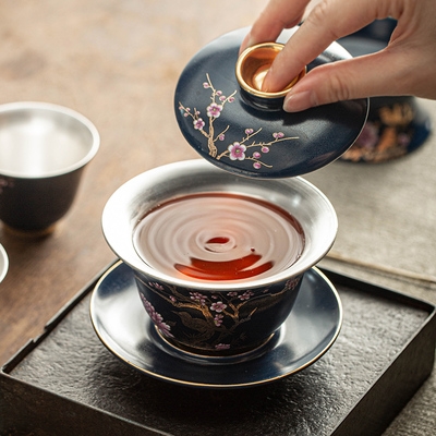 茶具正品鎏银套装整套扒花陶瓷功夫功夫茶盖碗茶海功夫茶具