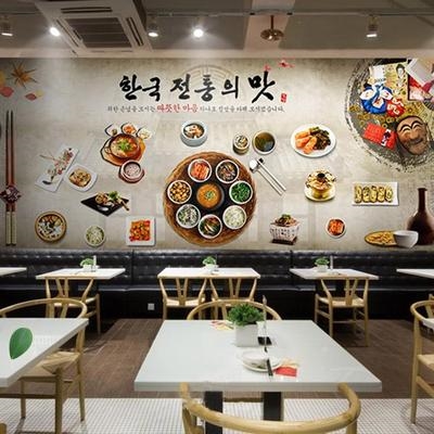 定制韩国料理店主题餐厅饭店风景装饰壁纸韩式风格烤肉店装修墙纸