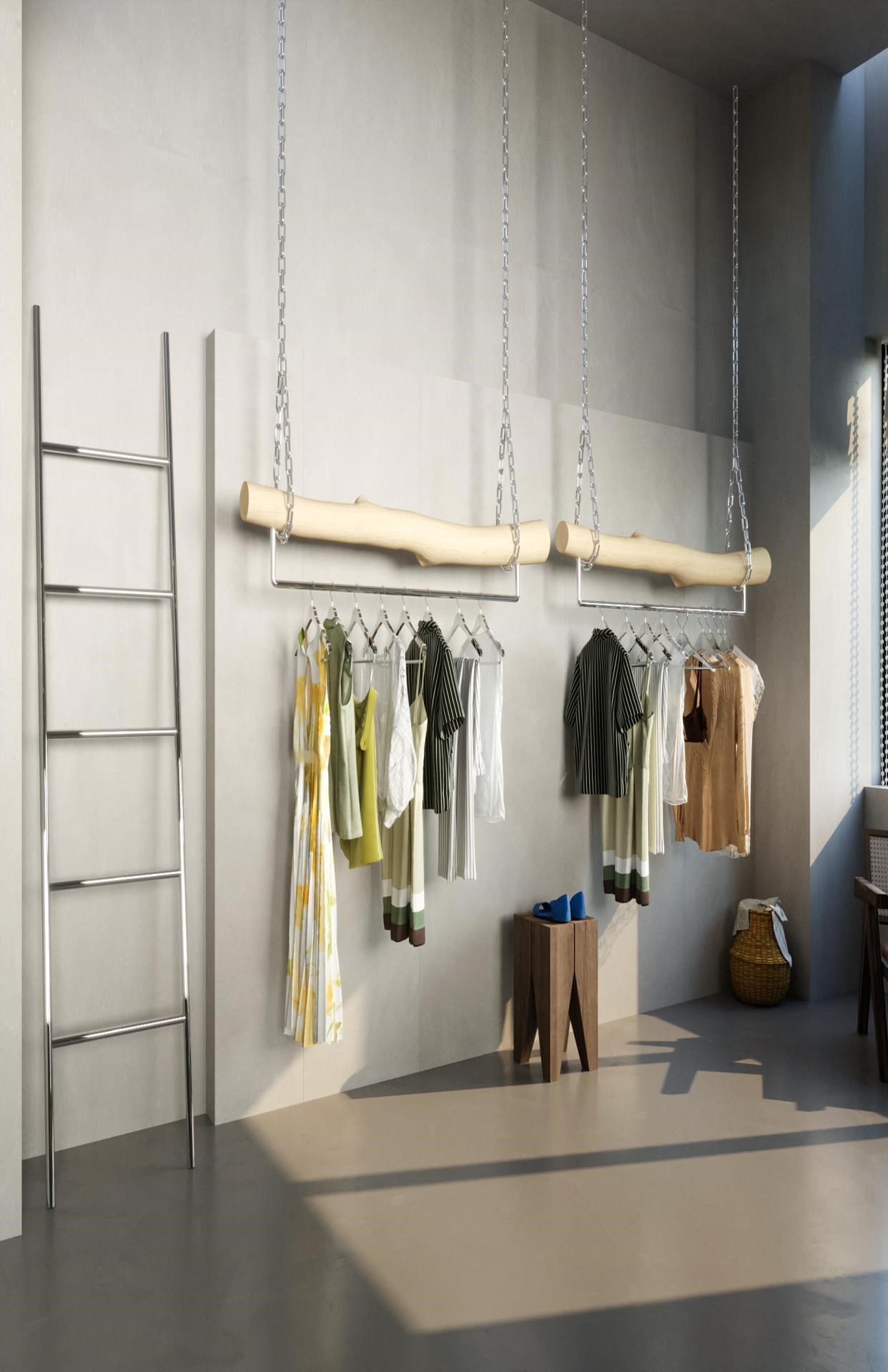 衣架创意实木悬挂服装店不锈钢吊架铁链升降服装服装货架