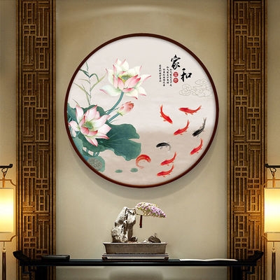 字画鱼图上九画墙玄关九尾圆形花卉锦鲤背景现代装饰画