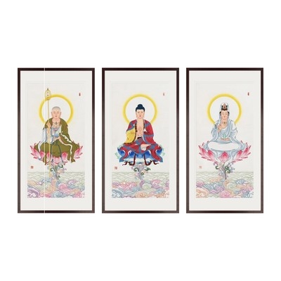 工笔国画娑婆三圣释迦牟尼观音地藏菩萨画像佛堂国画