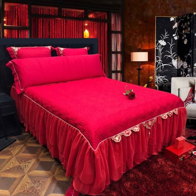 婚庆单床裙床罩大红红色结婚床盖床单纯棉全棉床裙