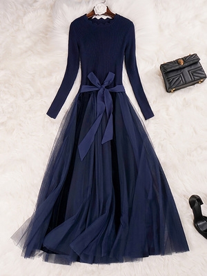 连体纱裙长款冬季2020新款长裙针织打底冬秋冬连衣裙女长网纱裙子