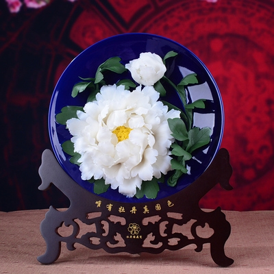 洛阳红牡丹摆件德化陶瓷花卉二乔赵粉花坐盘挂盘工艺装饰坐盘