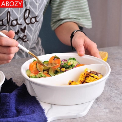 鸳鸯双格家用单个创意可爱大号陶瓷格碗盆菜碗