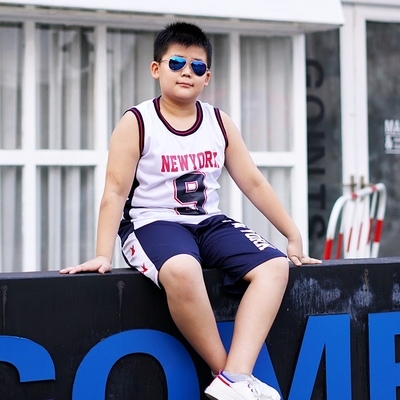 胖童夏装背心套装中大童男男童肥仔两件套中学生cosplay女装