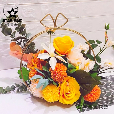 鎏金金属花篮轻奢镀金插花几何花架铁艺手提花篮