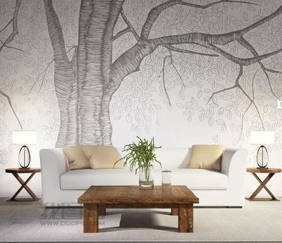 手绘黑白素描简约北欧抽象象树客厅电视背景定制壁画