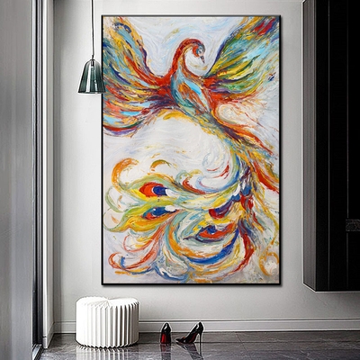 手工油画定制孔雀玄关过道装饰画彩色凤凰抽象油画