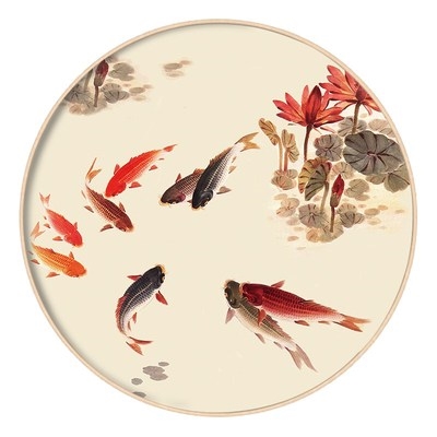 挂画新中式九条鱼背景墙沙发装饰画圆形九鱼木框实木现代装饰画