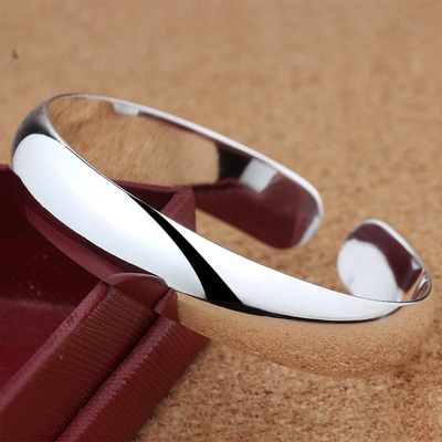 新银手镯9999925实心开口光面简约约素银饰手环手镯