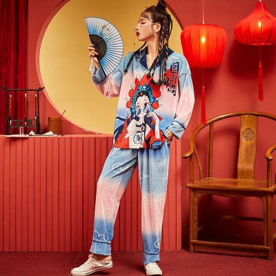 京剧脸谱睡衣女春秋季金丝绒长袖两件套装国潮复古睡衣