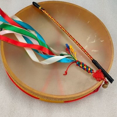 精品萨满透明皮双铜黄二神跳神彩绘定做图案堂鼓