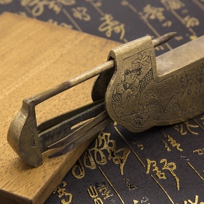 中式仿古古木箱子柜子铜锁老式元宝雕花铸造挂锁