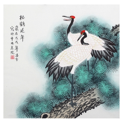 手绘国画工笔花鸟松鹤延年长寿贺寿礼品古典国画