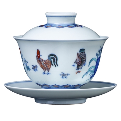 仿古成化斗彩鸡缸杯三才盖碗单个烫手盖碗