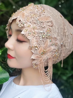 迪拜头巾穆斯纱巾新款蕾丝包头帽子头套盖头围巾