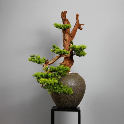 仿真迎客松崖柏松盆景玄关松树景观造景装饰罗汉松新中式假