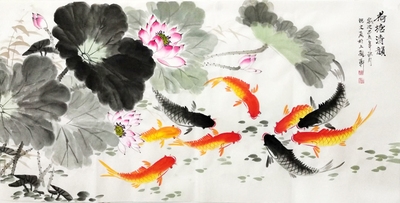 九鱼装饰四尺客厅玄关手绘花鸟画水墨写意国画国画