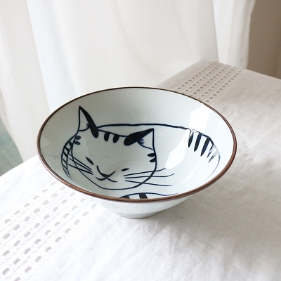 w1962国产日本猫款猫咪釉下青花瓷大汤碗碗