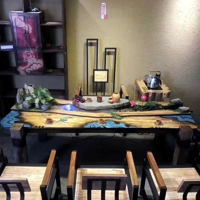 流水组合香樟实木茶桌新款风水功夫禅意景观茶几