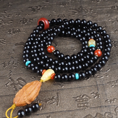 原矿南红蜜蜡全套配饰纯黑印尼椰蒂菩提108颗佛珠
