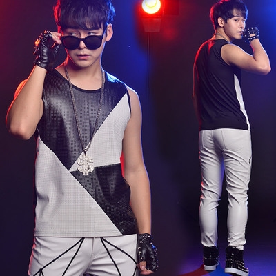 高档酒吧夜店潮男歌手演出服舞台定制黑白拼接背心