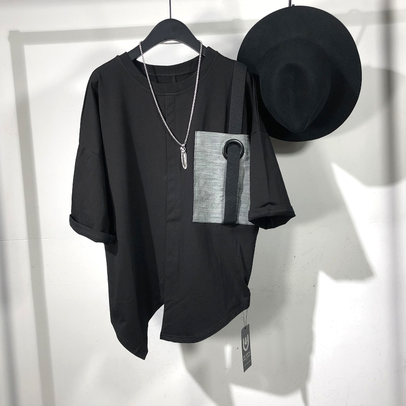 20原创夏季暗黑系大口袋织带拼接宽松短袖T恤原宿风开衩百搭上衣