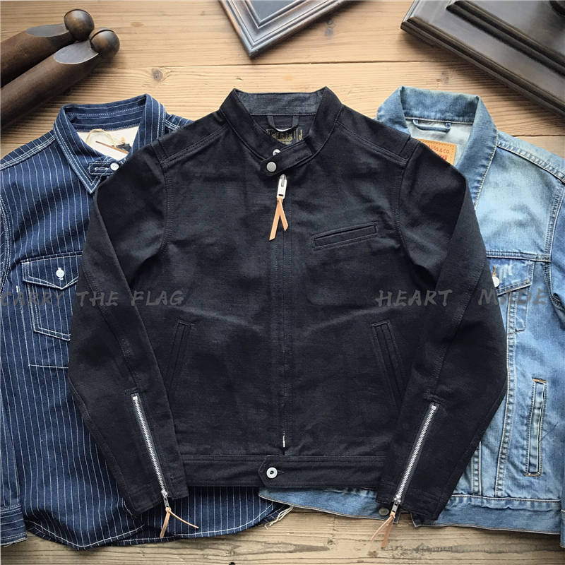 吾扛大旗 Motorcycle jacket美式复古重磅牛仔黑魂机车夹克外套男