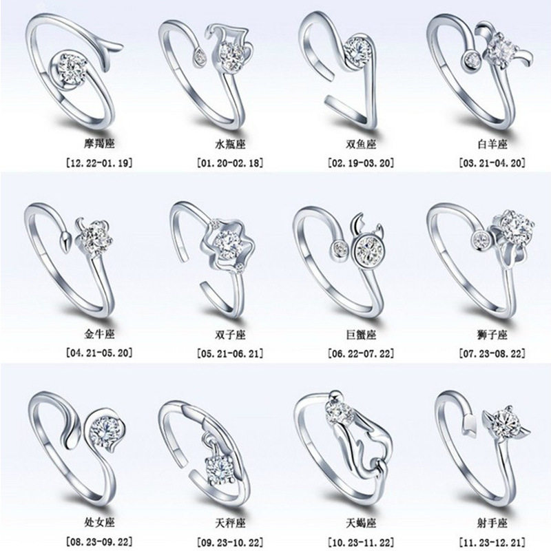 韩国十二星座新款银色戒指女士开口锆石复古欧美戒指