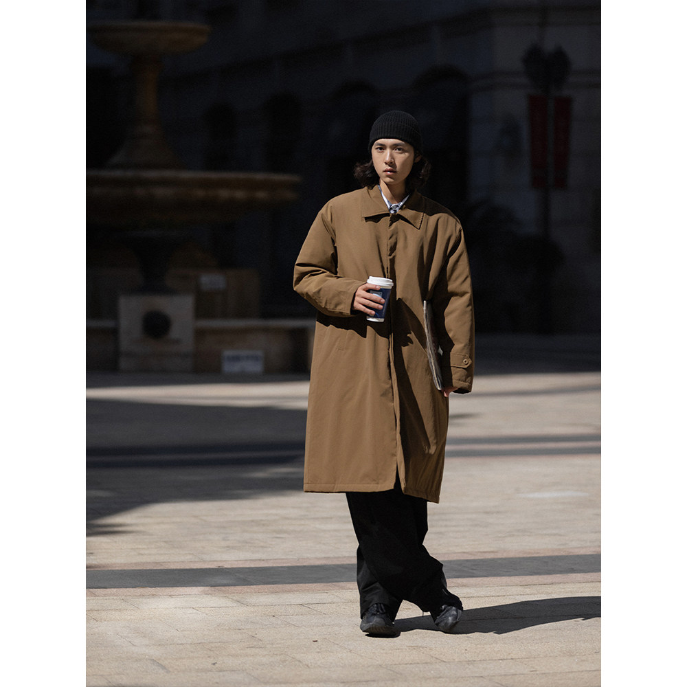 noears日系cityboy复古棕色翻领中长外套巴尔玛肯风衣