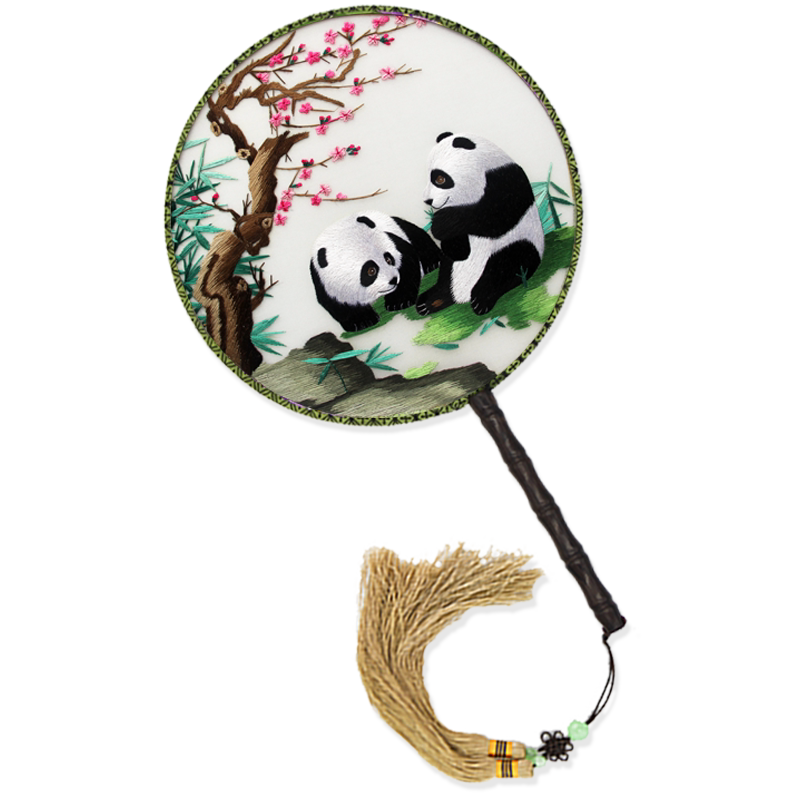 蜀绣扇子熊猫手工刺绣双面绣花团扇圆形中国刺绣