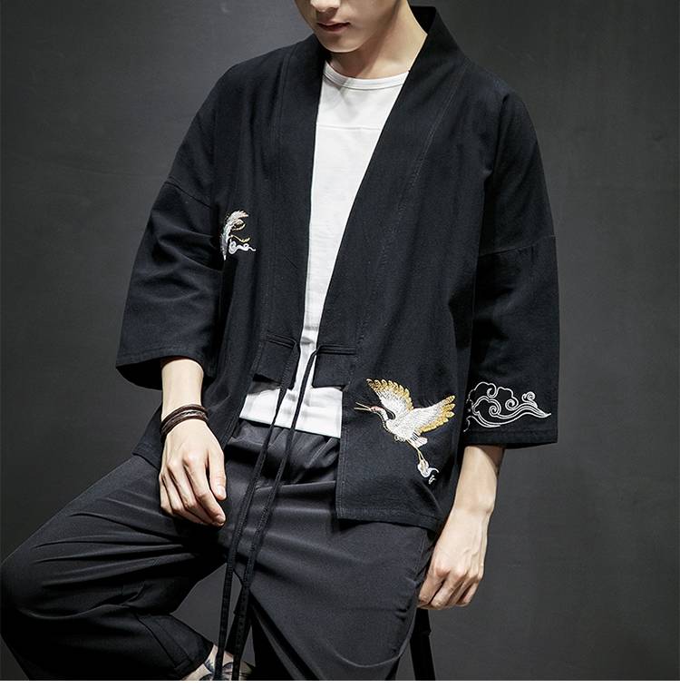 ins仙鹤日系和服男道袍唐装潮青年七分袖中国风汉服王也道袍学生