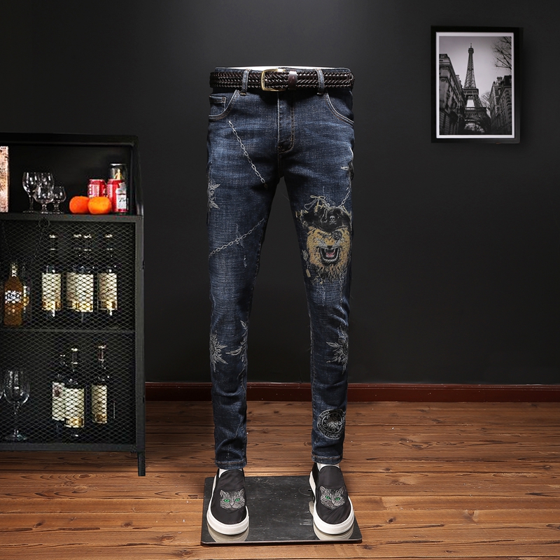 个性潮男裤子男韩版潮流帅气ins小脚牛仔裤男潮牌新款印花潮裤男