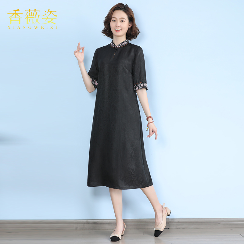 2021旗袍改良夏改良连衣裙新款真丝黑色连衣裙