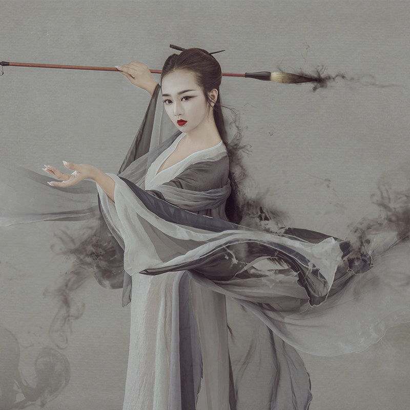 女古装影楼摄影写真主题唐装汉服性感唯美水墨走秀演出服装半墨