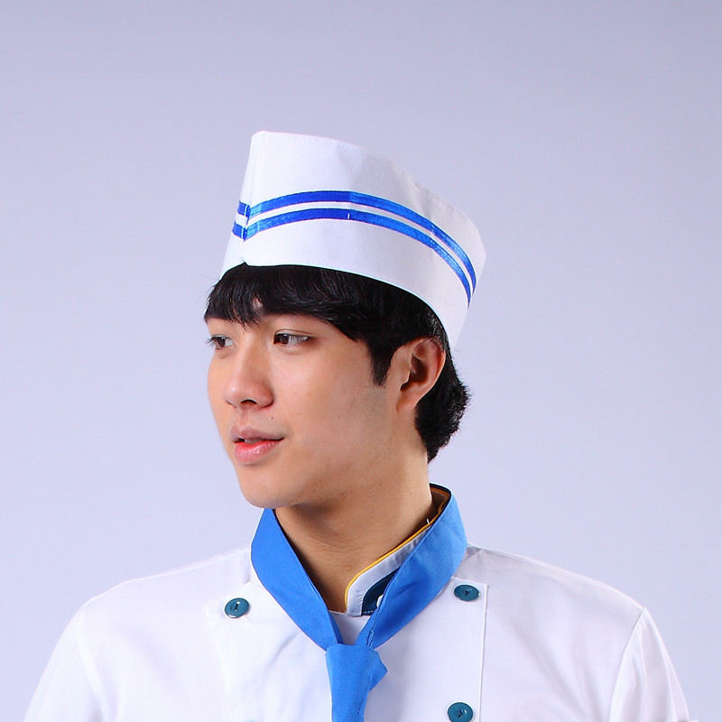 厨师帽红边蓝边黄边布帽船帽黑色红色布帽酒店餐厅加厚厨帽矮边帽