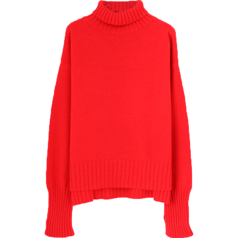 【48小时内发货】红色套头毛衣女装高领宽松韩版慵懒风打底衫上衣