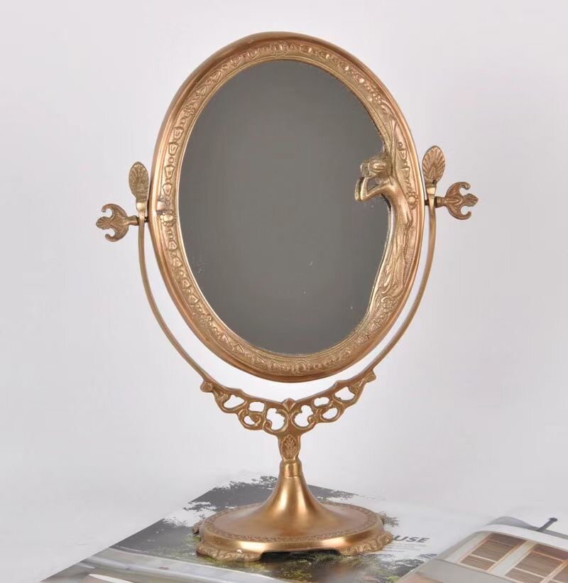 美式欧式黄铜梳妆镜子法式复古古典轻奢奢华随身化妆镜